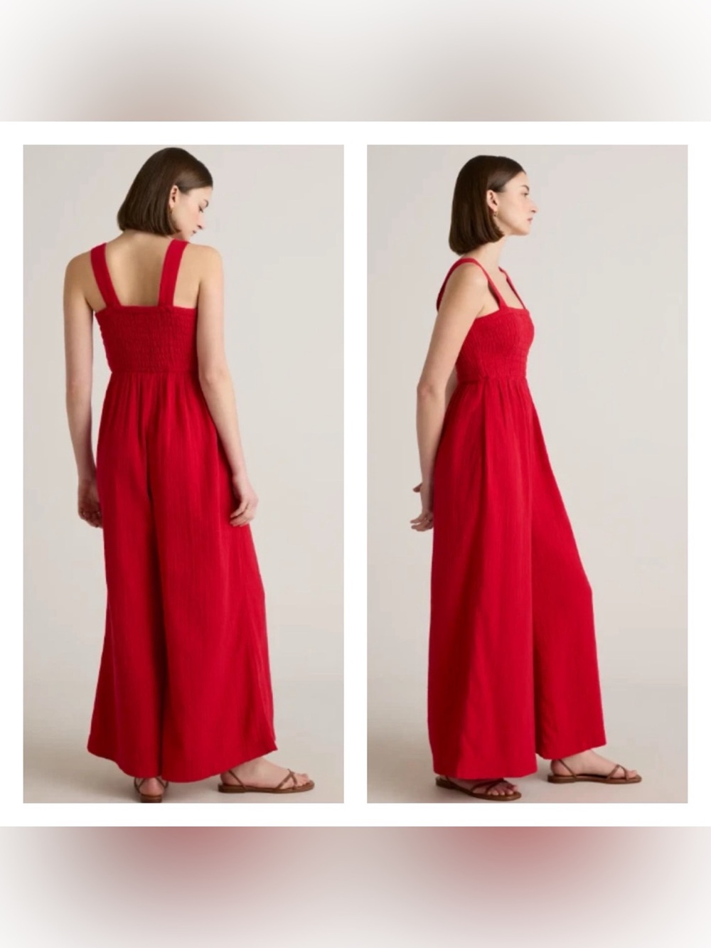 Quince 100% Organic Cotton Gauze Smocked Wide Leg Jumpsuit Cherry Red Size M